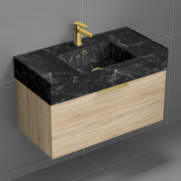 Nameeks DERIN961 Modern Bathroom Vanity With Black Marble Design Sink, Wall Mounted, Single, 32 Inch, Brown Oak